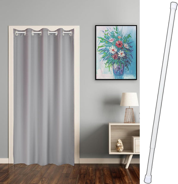 Deurgordijn met telescoopstang, eenvoudige montage zonder boren (grijs, 200 x 150 cm (HxB) en 70 tot 120 cm telescoopstang)