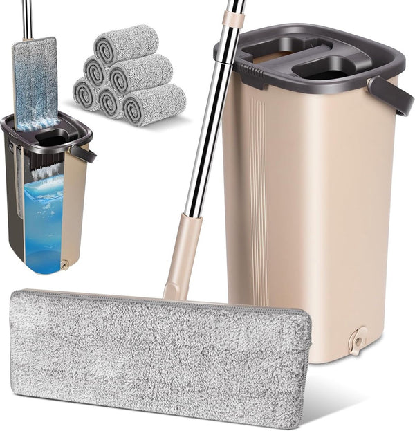 Professionele vloermop met emmer, platte bezem en dubbele emmer, microvezel vloermop met 54" stalen handgreep, 6 herbruikbare pads
