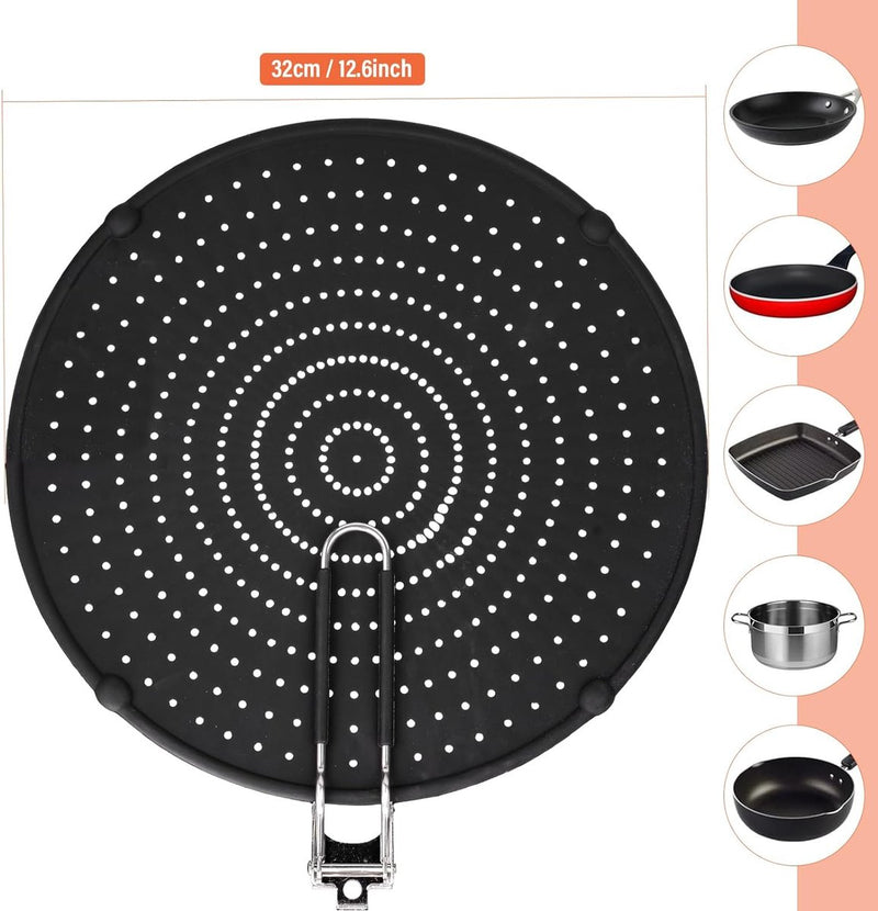 Siliconen spatbescherming, pannen met inklapbare handgreep, 33 cm, multifunctionele vetspatbescherming voor pan, hittebestendig en voedselveiligheid, voor een groot aantal pannen, braadpannen,