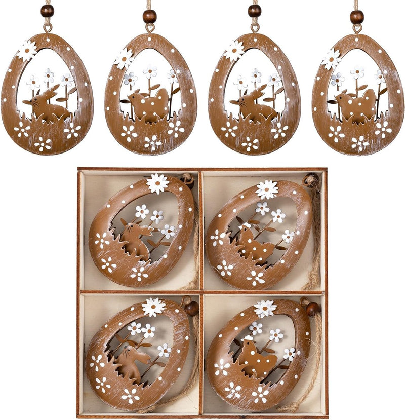 4 x decoratieve hangers voor Pasen, paasversiering van metaal om op te hangen, kraan, paashaas en paaseieren, decoratieve hanger