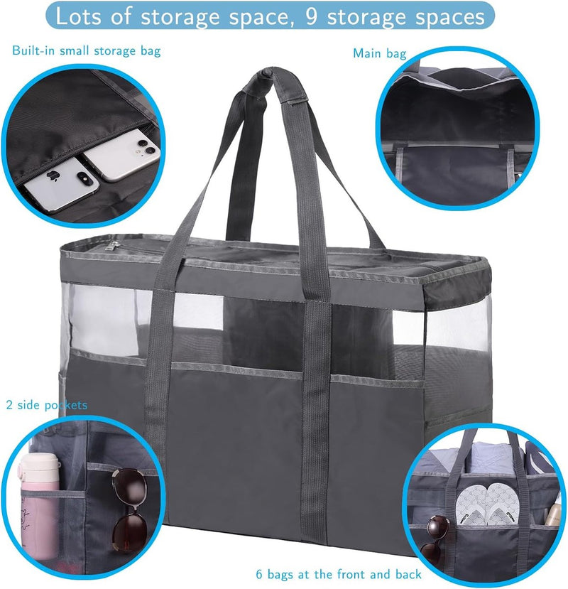 Strandtas XXL familie grote badtas strandtas met ritssluiting strandtas opvouwbare schoudertas badtas familie shopper handtas voor strand vakantie reizen grijs