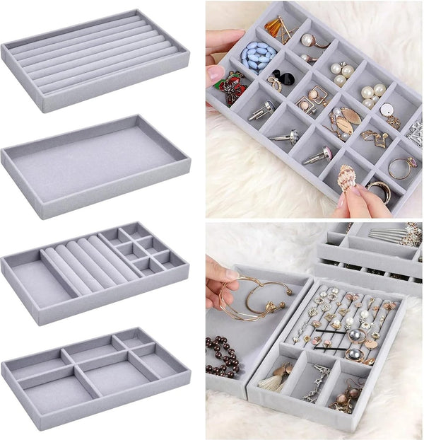 Set van 6 fluwelen sieradenbakjes, stapelbare sieradenorganizer, sieradendoos fluweel, stapelbare sieradendoos, sieradenopberglade, voor oorbellen, ring, armband, kettingen (grijs)
