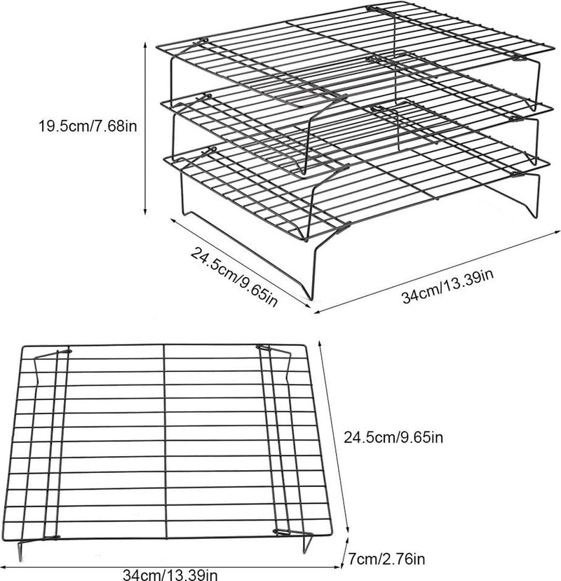 Afkoelrooster, roestvrij stalen cakekoeler met anti-aanbaklaag, stapelbaar bakrek voor koekjes, cake, brood, 3-delig, 34 x 24,5 x 19,5 cm