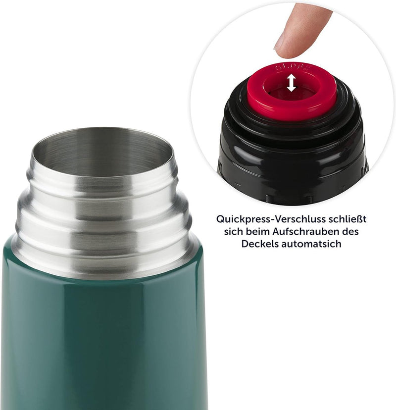 Thermosfles, 1 l, van roestvrij staal, lekvrije thermoskan met drinkbeker voor onderweg, isolatie van warme dranken, donkergroen
