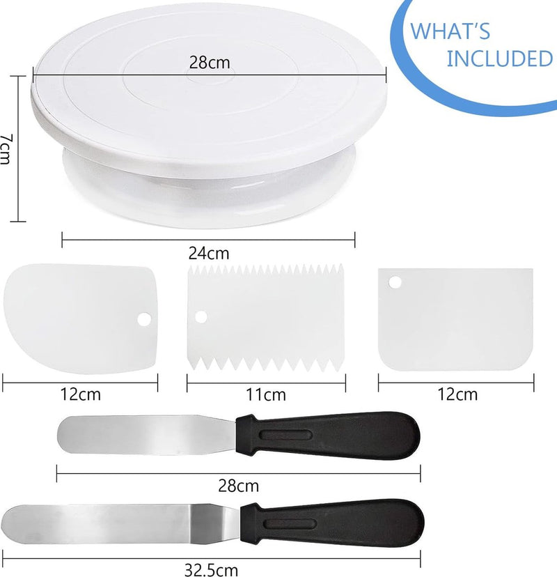 Roterende taartplaat, roterende taartplaat, breng 2 taartspatels en 3 taartschrapers mee, geschikt voor beginners en professionals, draaitafel taartplaat met voet (set van 6)