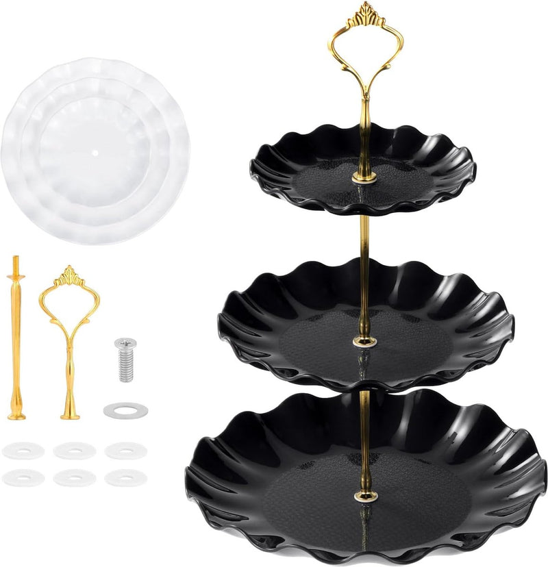 2 stuks 3 etages, cupcake-standaard, dessertstandaard, herbruikbare gebarenstandaard, taartstandaard voor bruiloft, verjaardag, theefeest (zwart en wit)