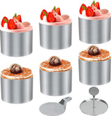 Dessertringen en dinerringen, kleine ringenset, 8-delig, mini-taartringvormen, roestvrijstalen mousse-ringen, 7,5 cm, ronde mousse-ring, 8 ringen, 1 lifter, 1 stempel voor het bakken van