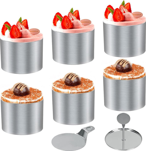 Dessertringen en dinerringen, kleine ringenset, 8-delig, mini-taartringvormen, roestvrijstalen mousse-ringen, 7,5 cm, ronde mousse-ring, 8 ringen, 1 lifter, 1 stempel voor het bakken van