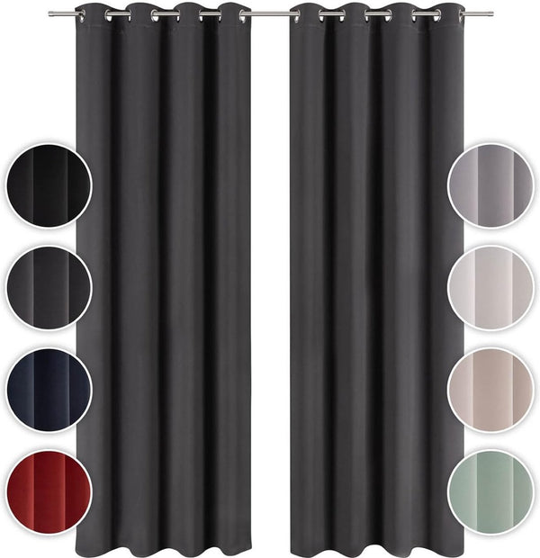 Set van 2 gordijnen, verduisteringsgordijnen, ondoorzichtig, elegante warmte-isolerende gordijnen met ringen, thermogordijn voor alle ramen, 138 x 117 cm, antraciet