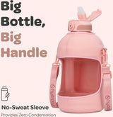 Waterfles met hoes met zakken - 2,3 L waterfles met rietje en handvat - BPA-vrije waterfles met tijdmarkering - Fles lekvrij - Sport- en buitenwaterfles