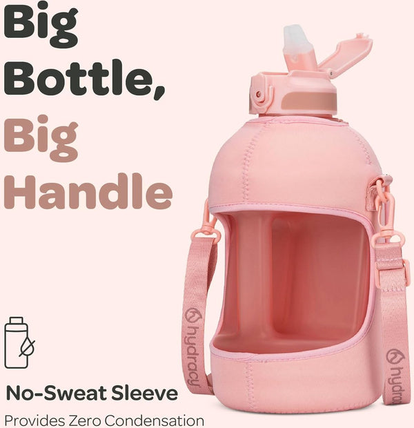 Waterfles met hoes met zakken - 2,3 L waterfles met rietje en handvat - BPA-vrije waterfles met tijdmarkering - Fles lekvrij - Sport- en buitenwaterfles