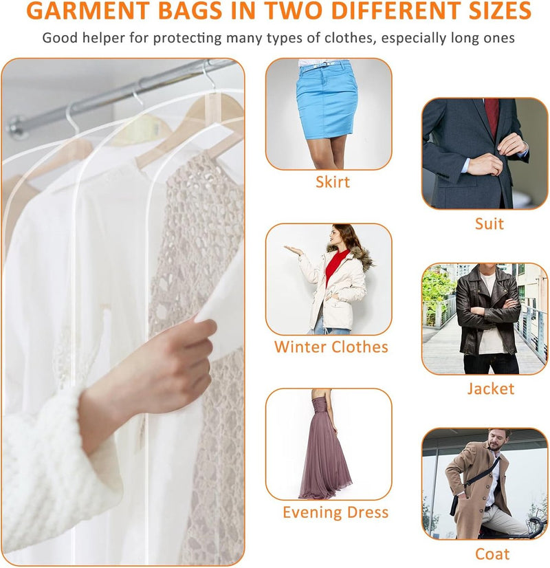Transparante kledingzakken met ritssluiting, Ouinne-verpakking van 10 kledingzakken lang, 60 x 120 cm/140 cm, voor kledingopslag, doorschijnende pakzakken, kledinghoezen voor jassen, jassen (wit)
