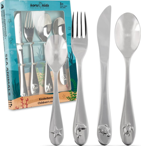 Kinderbestek Sea Animals – 4-delige set – kinderbestek roestvrij staal – bestek voor kinderen – eetbestek – vaatwasmachinebestendig – kinderbestek – kinderbestekset - voor kinderen vanaf 3