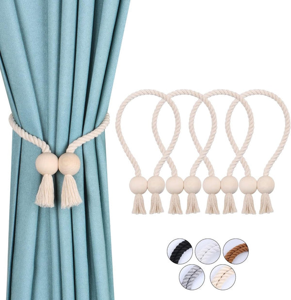 Set van 4 sterke magnetische gordijnbinders, tiebacks voor gordijnen, gordijn tiebacks, magnetische tiebacks, handgeweven tiebacks, gordijn tiebacks (beige - bal, 4)