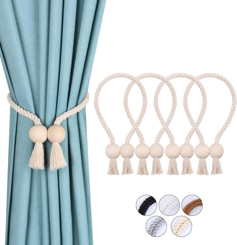 Set van 4 sterke magnetische gordijnbinders, tiebacks voor gordijnen, gordijn tiebacks, magnetische tiebacks, handgeweven tiebacks, gordijn tiebacks (beige - bal, 4)