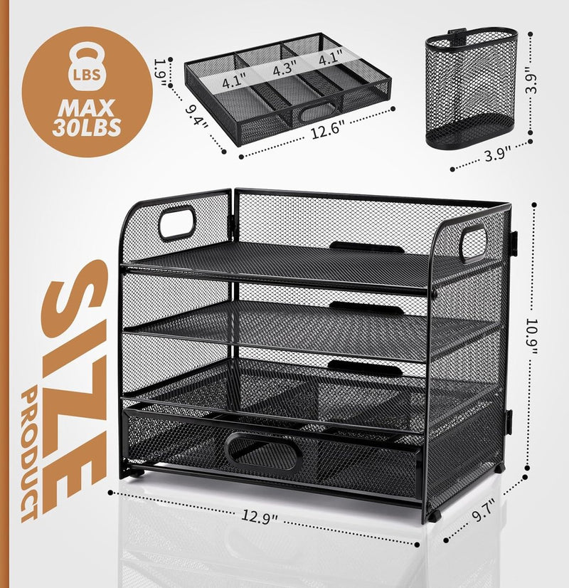 Mesh Brievenbak Organisator, Bureau Nette Organisator Bestand Documenthouder A4 Papieren Archiefladen voor Thuiskantoor School (Mesh Metal 4 Tier + Lade + Penhouder)