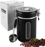 Koffiekan van 1,8 liter luchtdicht, zwarte koffiebonencontainer, koffiekan met roestvrijstalen lepel, koffiecontainer met datumregistratie voor koffiebonen, koffiepoeder, thee, cacao