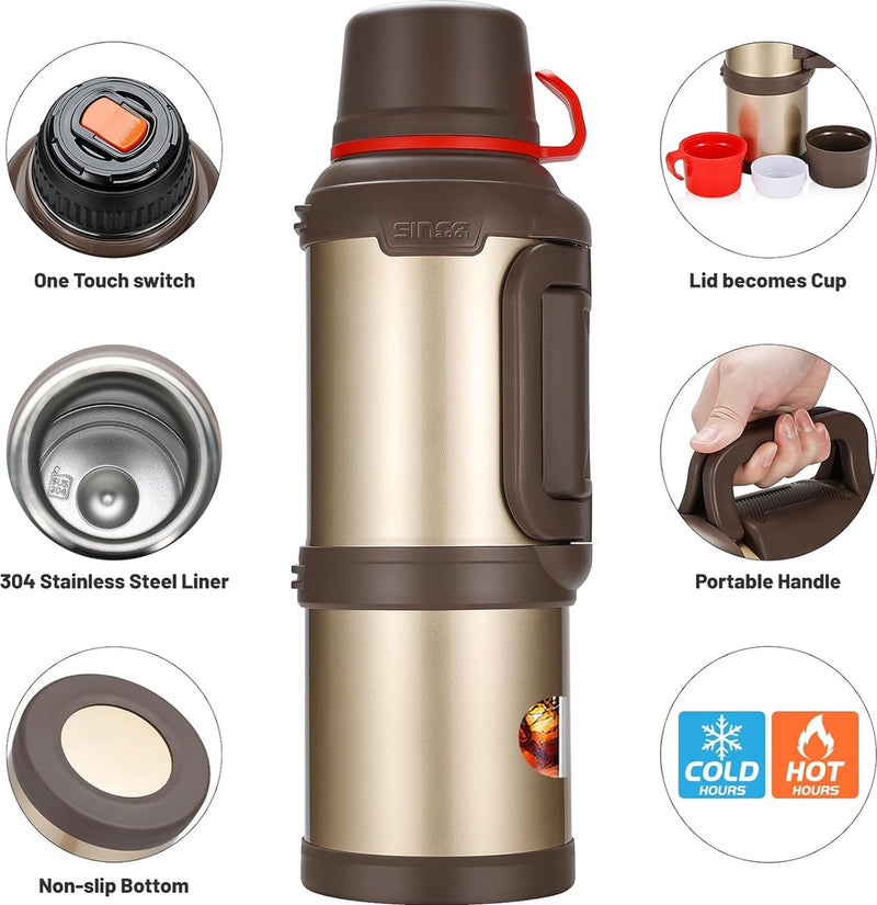 Thermosfles, thermoskan, 4,0 l, roestvrijstalen drinkfles, thermosfles met 3 drinkbekers, dubbelwandige isolatie, camping, waterfles met handvat, 24 uur warm en koud (goud)