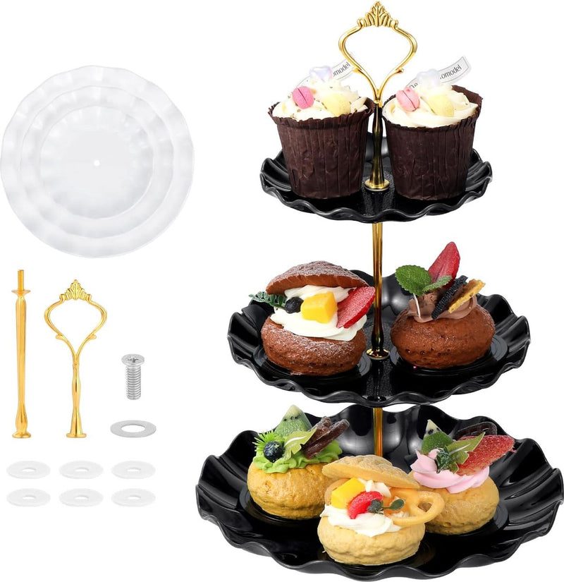 2 stuks 3 etages, cupcake-standaard, dessertstandaard, herbruikbare gebarenstandaard, taartstandaard voor bruiloft, verjaardag, theefeest (zwart en wit)