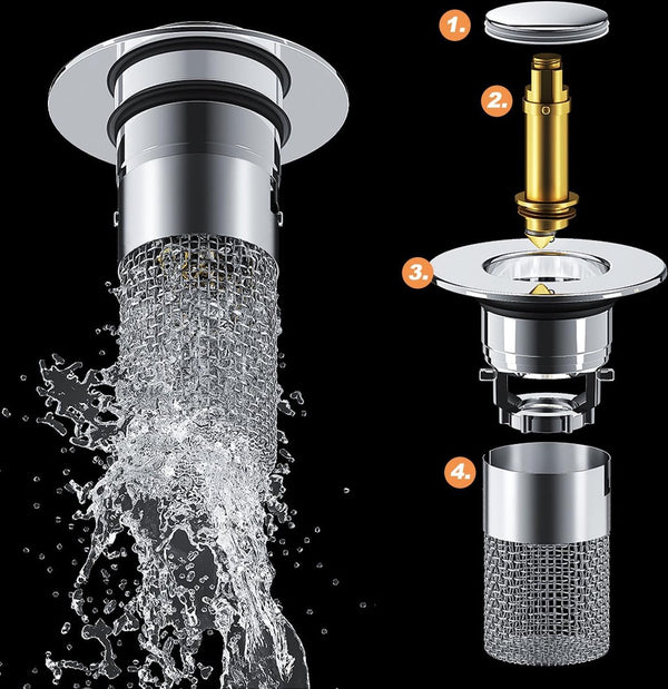 Set van 2 gootsteenpluggen, afvoerzeef, afvoerfitting, wastafel, universele pop-up gootsteenplug, roestvrij staal, voor 34-40 mm afvoerafvoerplug voor badkuip
