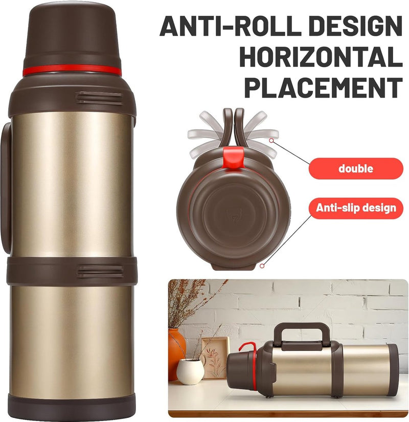 Thermosfles, thermoskan, 4,0 l, roestvrijstalen drinkfles, thermosfles met 3 drinkbekers, dubbelwandige isolatie, camping, waterfles met handvat, 24 uur warm en koud (goud)