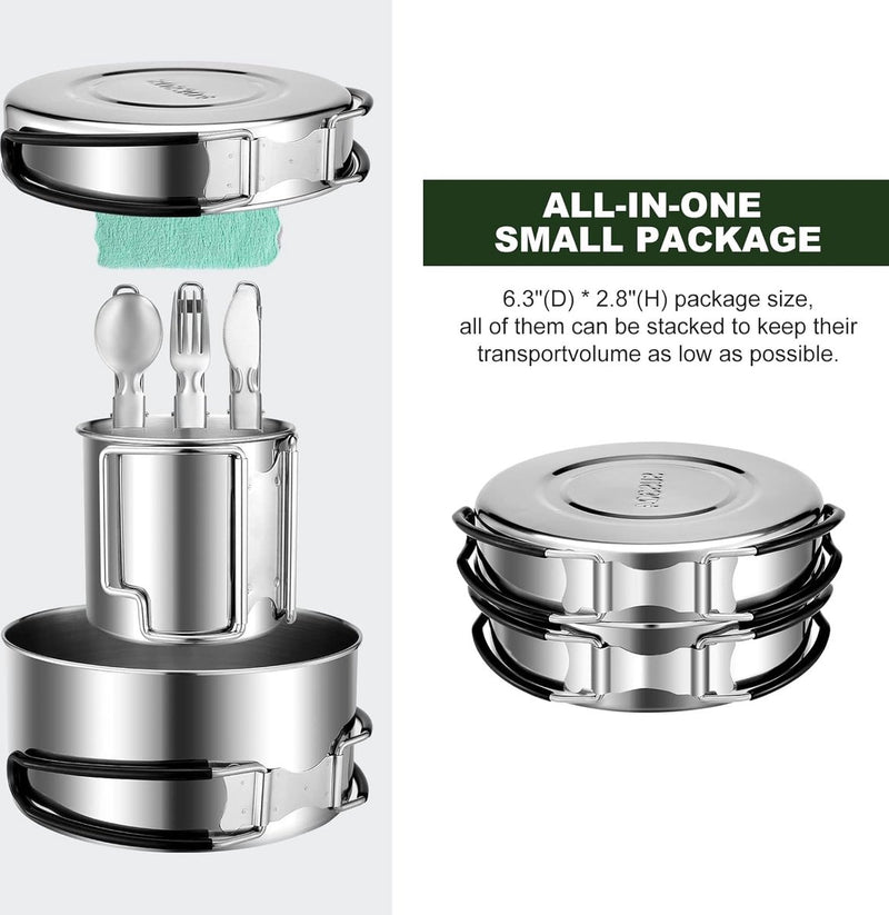 Camping Topf Edelstahl, Faltbar und Stapelbar Outdoor Kochgeschir, Camping Kochgeschirr für Camping Wandern Picknick