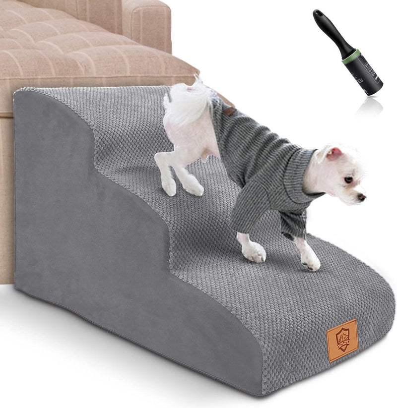 Hondentrap 3 treden, huisdiertrap voor kleine honden en katten, hondentrap met wasbare overtrek, hondentrap van spons met hoge dichtheid, hondentrap voor slaapbed, met 1 pluisrol