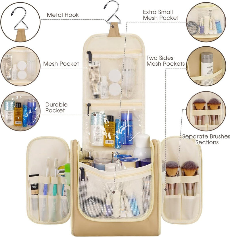 Toilettas voor dames en heren, toilettas voor kinderen, om op te hangen, make-uptas voor mannen, wastas voor vrouwen en meisjes, bruin (grande)