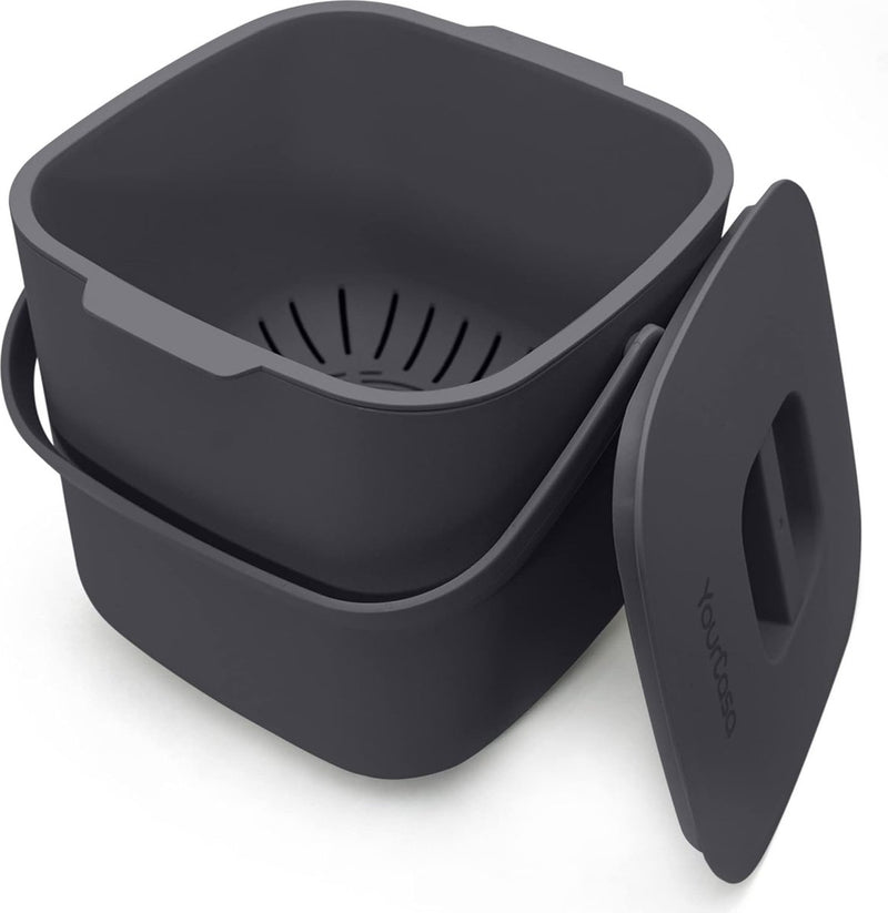 Biologische afvalemmer keuken, 7 liter, compostemmer voor dagelijkse bio-afvalcontainers, vaatwasmachinebestendig, geurdicht, uitneembare zeef, kleine bio-vuilnisemmer met deksel (antraciet)