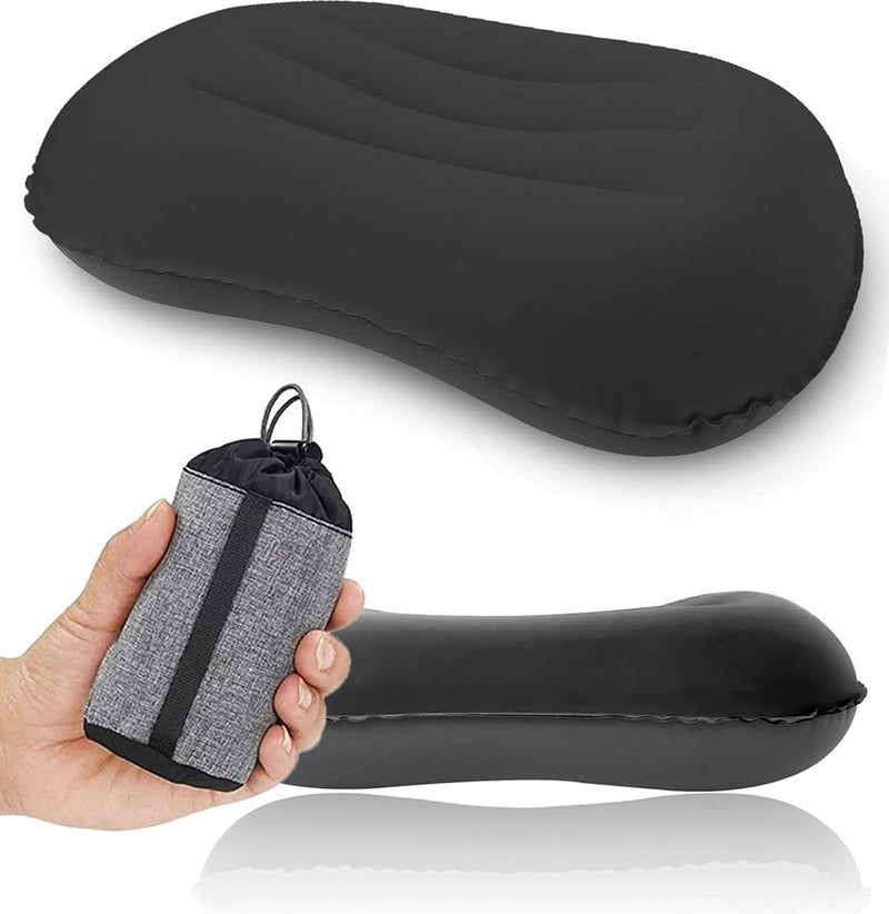 Opblaasbaar campingkussen, upgrade 2024, ultralicht, comprimeerbaar ergonomisch reis-opblaasbaar kussen, camping, strandkussen voor neklenden, wandelen, opbergtas, zwart