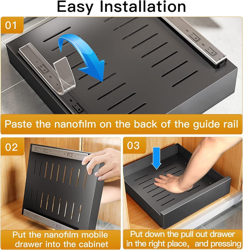 Telescopische lade, uittrekbare lade-opbergrekken voor keukenkasten, uittrekbare lade (25 cm B x 43 cm D x 9 cm H), boren en spijkeren niet nodig