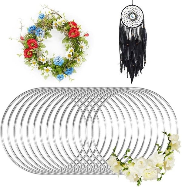Metalen ringen om te knutselen, 15 stuks dromenvangerringen, metalen ringen om te knutselen, 10 cm, zilver, rond, metalen ringen, doe-het-zelf knutselen, zilveren metalen ringen voor bloemen,