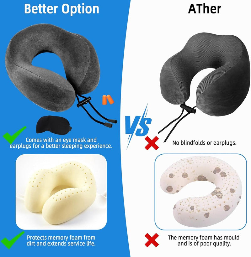 Vliegtuigautoreiskussen gemaakt van traagschuim met fluweelzachte hoes, superlicht draagbaar hoofdsteun nekkussen volwassenen voor kamperen, reizen, vliegtuig, trein, auto, kantoor (donkergrijs)