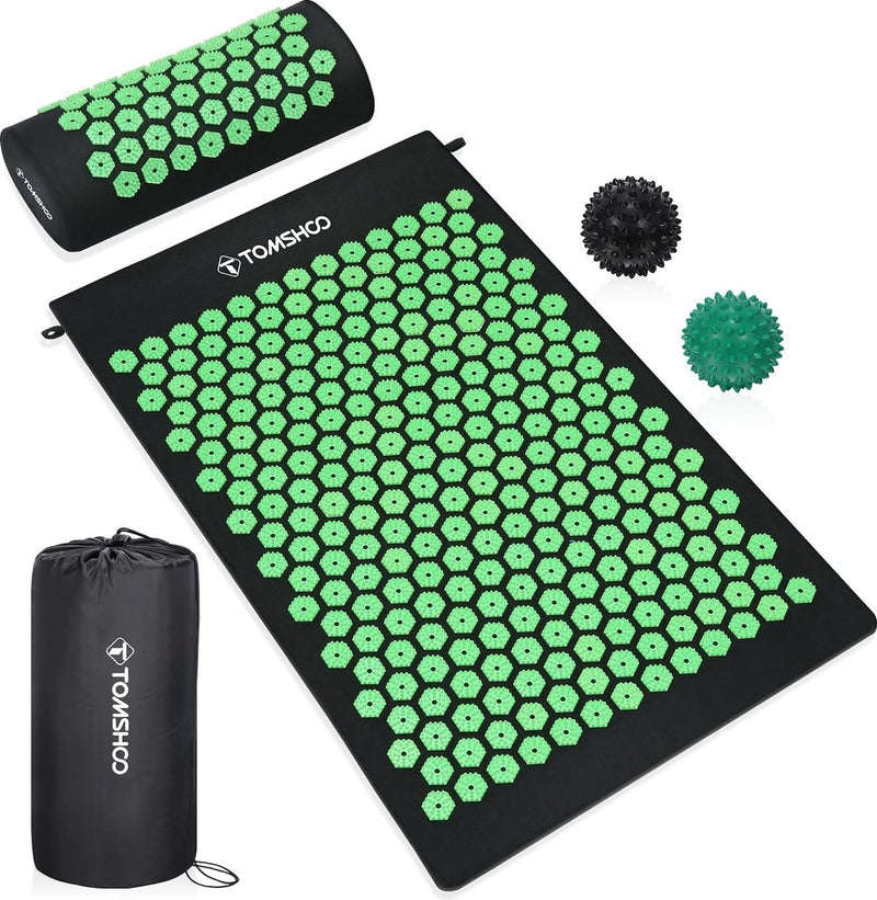 Acupressuurmattenset, Shiatsu-massagemat, acupunctuurmassagemat met hoofdkussen en 2 massageballen, tas, voor verlichting van rugpijn, hoofd-nekpijn, verlichting van spanning