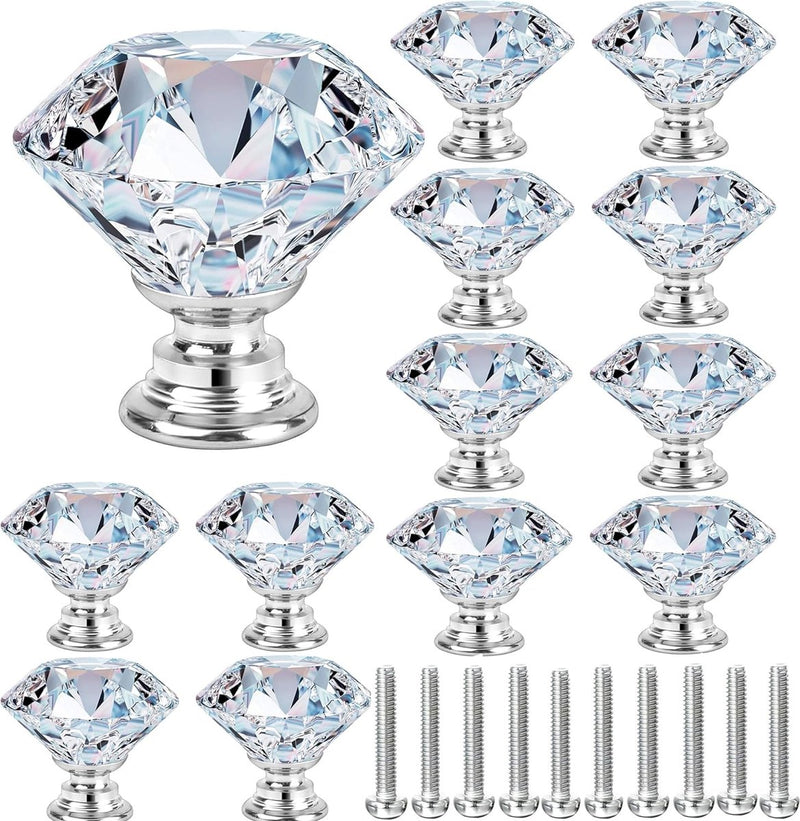 12 stuks 30 mm kristallen deurgrepen, kastknoppen ladenknoppen meubelknoppen kastgrepen, ladekast diamant glazen handgrepen voor thuis kantoor DIY (transparant 30 mm | 12 stuks)