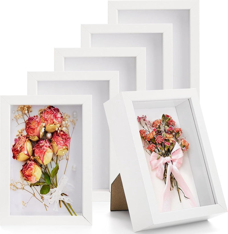 6 stuks schaduwdozen van 17 x 12 cm, kleine houten lijsten, 3 cm diepe fotolijsten voor gedroogde bloemen, doe-het-zelf knutselen, memorabilia, medailles en foto's, wit