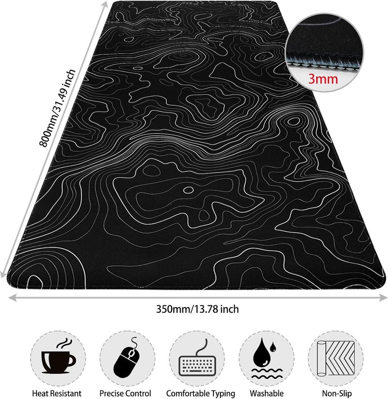 Muismat Zwart Minimalistisch Topografische Kaarten Bureau-onderlegger, wasbare muismat XXL Gaming met gestikte randen voor toetsenbord, pc-muis en laptop 800x350mm