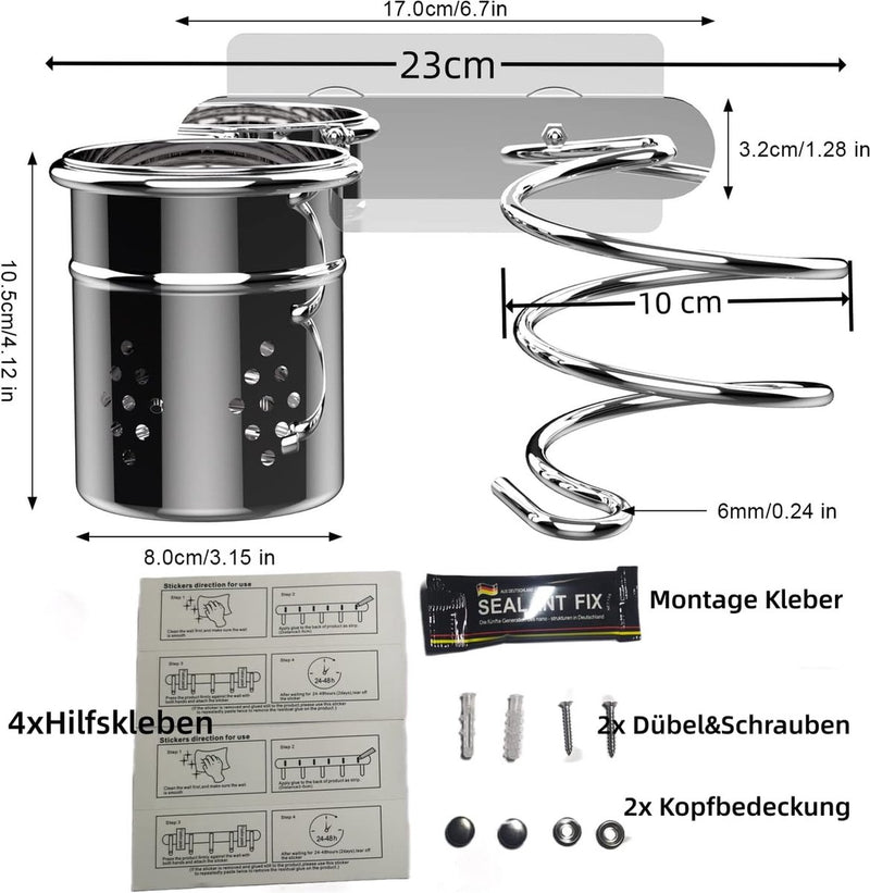 Föhnhouder roestvrij staal, haardrogerhouder zonder boren, zelfklevende houder, glanzend gepolijst roestvrij staal (föhnhouder)