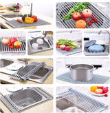 Afdruiprek voor gootsteen, inklapbaar, van siliconen, roestvrij staal, oprolbaar afdruiprek, gemakkelijk te reinigen, voor het drogen van groenten, fruit, servies