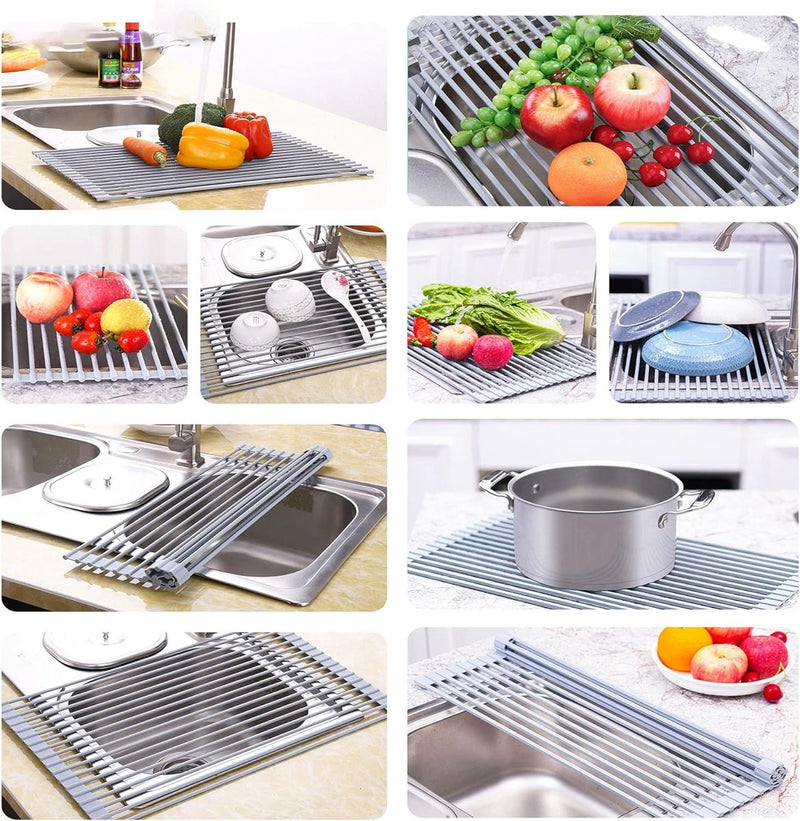 Afdruiprek voor gootsteen, inklapbaar, van siliconen, roestvrij staal, oprolbaar afdruiprek, gemakkelijk te reinigen, voor het drogen van groenten, fruit, servies
