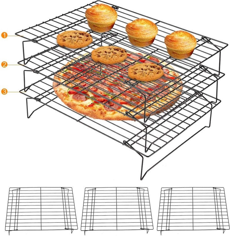 Afkoelrooster, roestvrij stalen cakekoeler met anti-aanbaklaag, stapelbaar bakrek voor koekjes, cake, brood, 3-delig, 34 x 24,5 x 19,5 cm