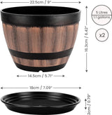 Set van 2 bloempotten van kunststof, voor binnen en buiten, diameter 22,5 cm, plantenpotset met drainagegaten en schoteltjes, plantenpot in houtlook
