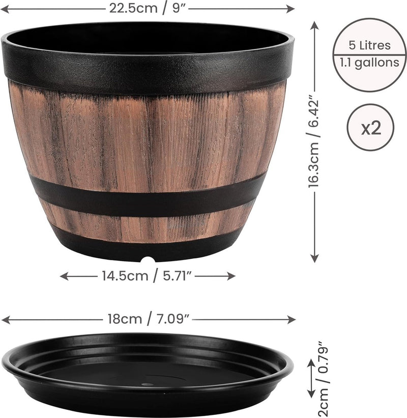 Set van 2 bloempotten van kunststof, voor binnen en buiten, diameter 22,5 cm, plantenpotset met drainagegaten en schoteltjes, plantenpot in houtlook