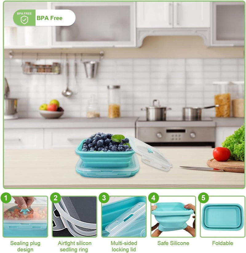 4 stuks opvouwbare siliconen vershouddozen met deksel, luchtdicht, draagbare bento box, plat, stapelbaar om ruimte te besparen, lunchbox, vouwkom voor koelkast, magnetron, vaatwasser