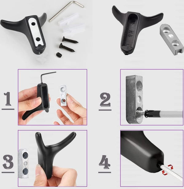 4 stuks dubbele wandhaken, garderobehaken, wandmontage, kledinghaken, zinklegering, handdoekhaken, ideaal voor garderobehaken, badkamer, keuken, kantoor, met schroeven, zwart