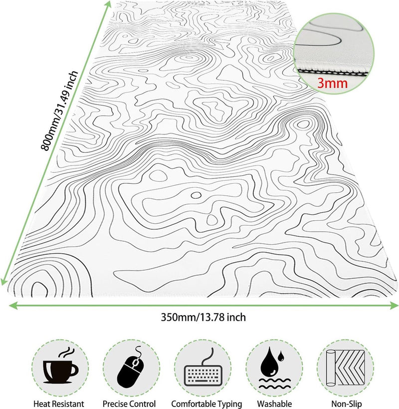 Muismat voor gaming, XXL, wit, minimalistische topografische kaarten, bureauonderlegger, muismat met rubberen antislip, verbeterde precisie en snelheid, muismat voor kantoor, thuis, 800 x 350 mm