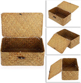 Zeegras opbergmand met deksel, geweven zeegras bureaumand, rechthoekige badkamer opbergdoos, planken en bureaus, multifunctionele opbergmand (karamel, S)