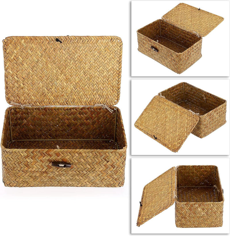 Zeegras opbergmand met deksel, geweven zeegras bureaumand, rechthoekige badkamer opbergdoos, planken en bureaus, multifunctionele opbergmand (karamel, S)