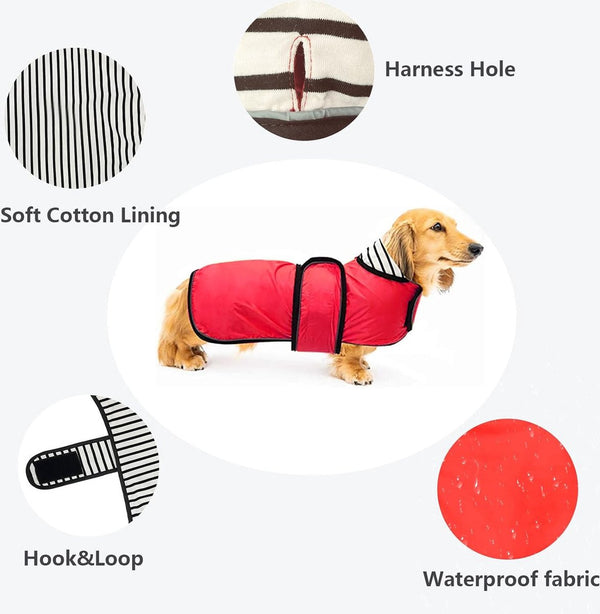 Hondenregenjas met reflecterende strepen, regen-/waterdicht, verstelbaar vest, geschikt voor kleine en middelgrote honden zoals teckel-rood-M