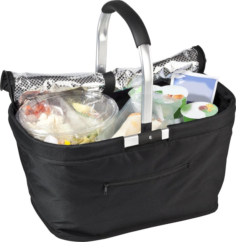 Boodschappenmand, koelmand met deksel, thermische koeltas, picknickmand met koelvak, isolatietas met aluminium handvat, 30 liter volume, zwart